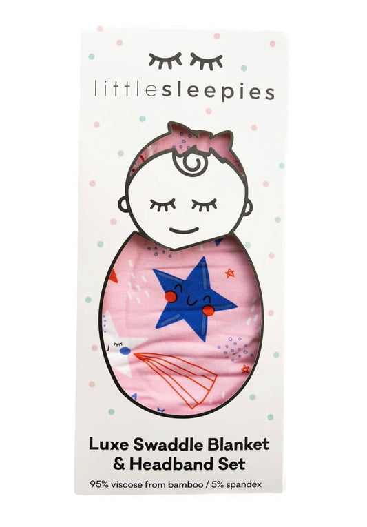 LITTLE SLEEPIES PINK STARS & STRIPES BAMBOO VISCOSE SWADDLE + HEADBAND SET