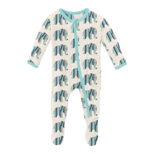 PRINT FOOTIE WITH ZIPPER - NATURAL ELEPHANT STRIPE