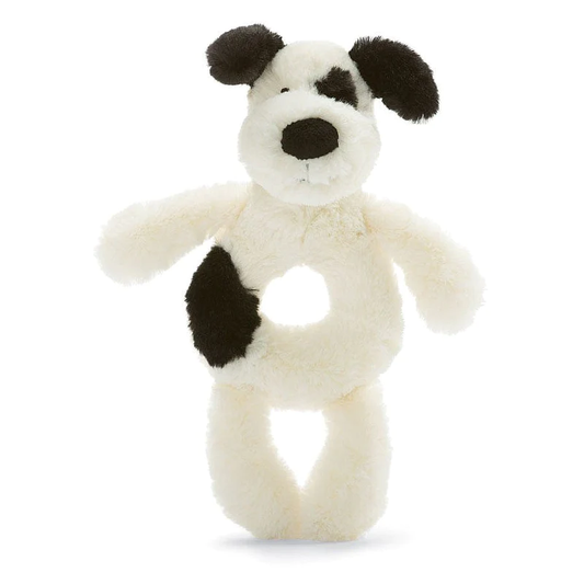 BASHFUL PUPPY BLACK AND CREAM RING RATTLE