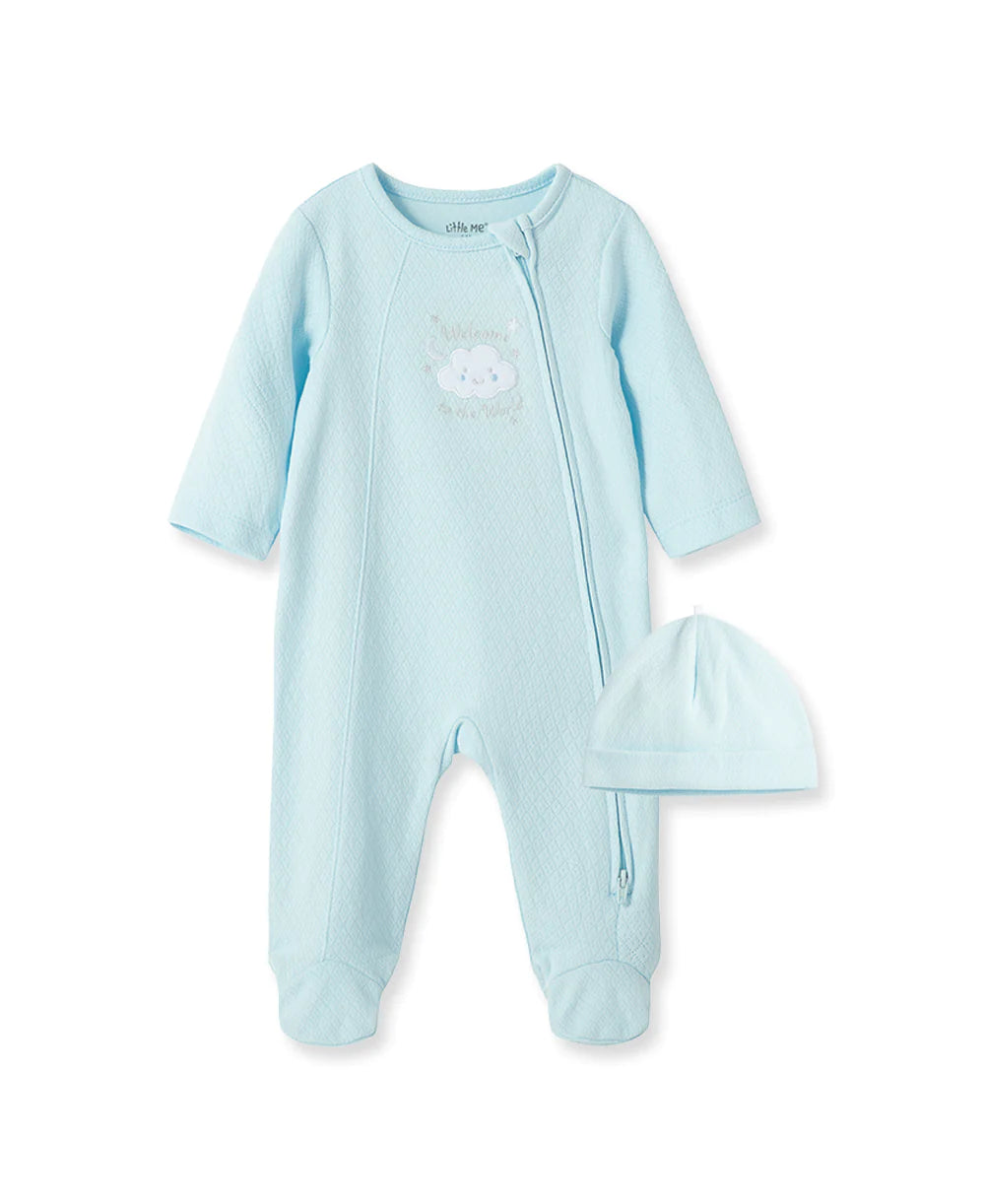 NEW BLUE WELCOME TO THE WORLD ZIP FOOTED ONE-PIECE AND HAT