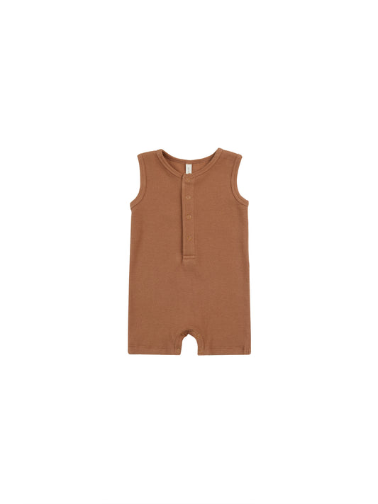 QUINCY MAE RIBBED HENLEY ROMPER - CLAY
