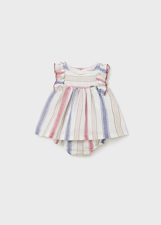 MAYORAL STRIPED LINEN DRESS AND BLOOMER SET
