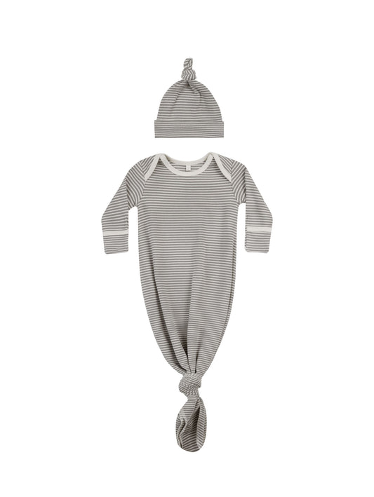 QUINCY MAE KNOTTED BABY GOWN + HAT SET || LAGOON MICRO STRIPE