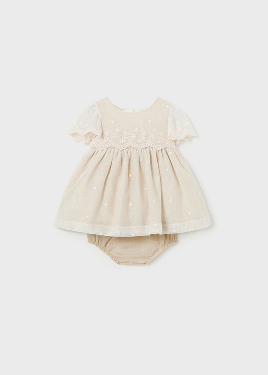 MAYORAL EMBROIDERY TULLE DRESS WITH BLOOMER -LINEN