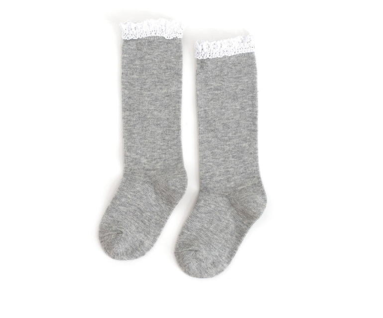 gray+ white lace top socks