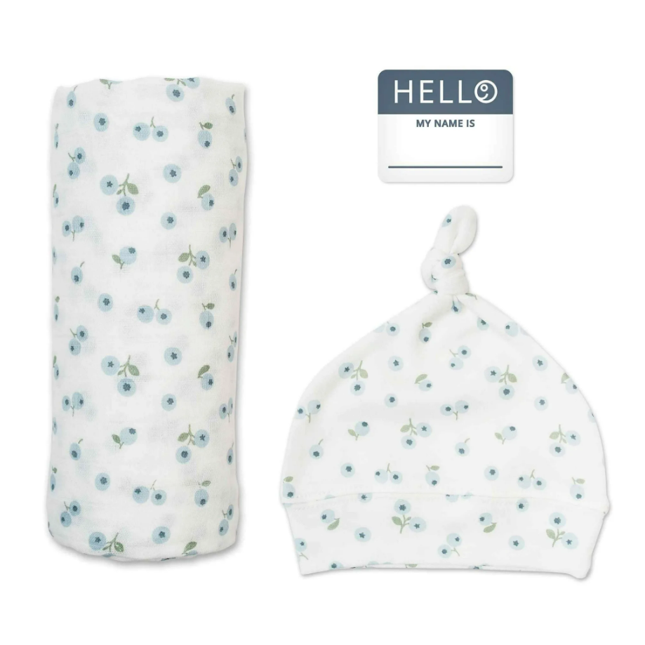 HELLO WORLD HAT AND SWADDLE SET BLUEBERRIES